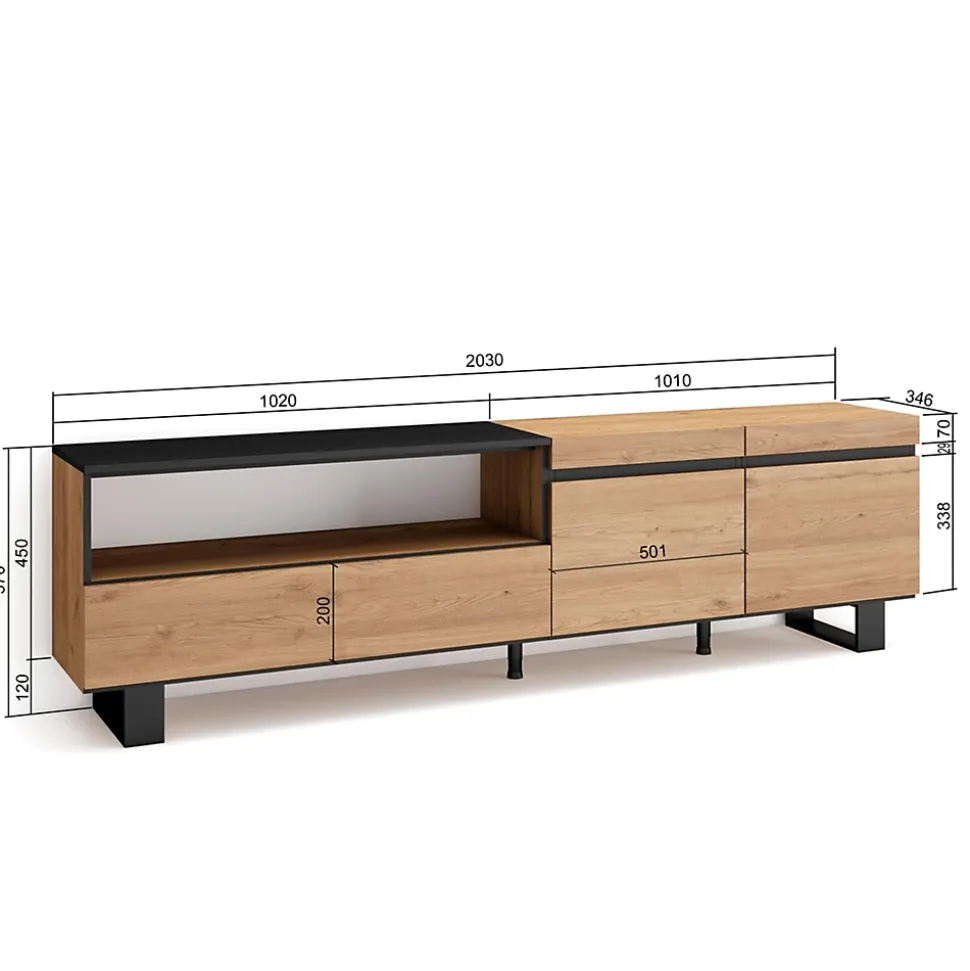Meuble TV 200x35x57cm couleur chêne et noir