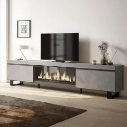Meuble TV 267x35x57cm feu led sans chaleur XXL couleur gris ciment