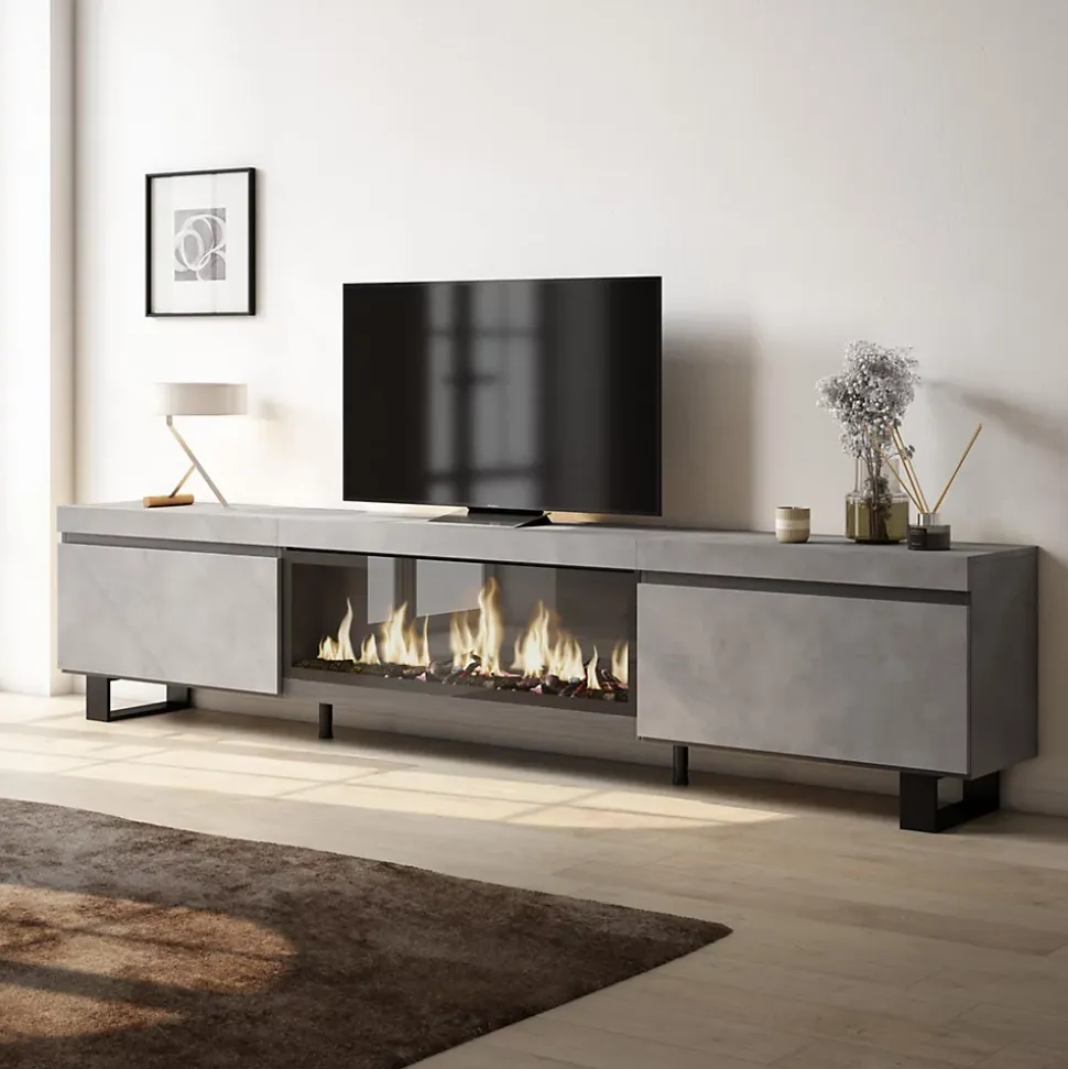Meuble TV 267x35x57cm feu led sans chaleur XXL couleur gris ciment