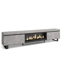 Meuble TV 267x35x57cm feu led sans chaleur XXL couleur gris ciment