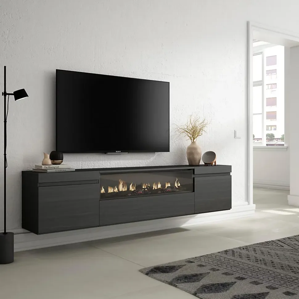 Meuble TV 200x35x45cm feu led sans chaleur mural couleur noir