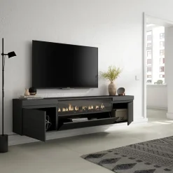 Meuble TV 200x35x45cm feu led sans chaleur mural couleur noir