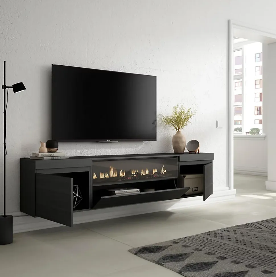 Meuble TV 200x35x45cm feu led sans chaleur mural couleur noir