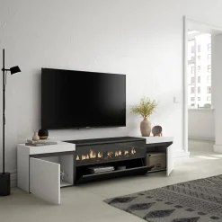 Meuble TV 200x35x45cm feu led sans chaleur couleur blanc et noir