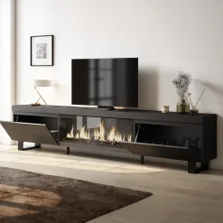 Meuble TV 267x35x57cm feu led sans chaleur XXL couleur noir