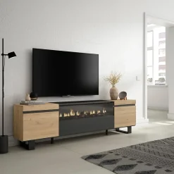 Meuble TV 200x35x57cm feu led sans chaleur couleur chêne et noir