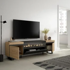 Meuble TV 200x35x57cm feu led sans chaleur couleur chêne et noir