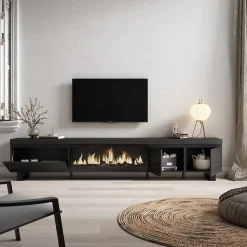 Meuble TV 288x35x57cm feu led sans chaleur XXL couleur noir
