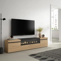 Meuble TV 200x35x45cm feu led sans chaleur couleur chêne et noir