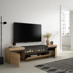 Meuble TV 200x35x45cm feu led sans chaleur couleur chêne et noir