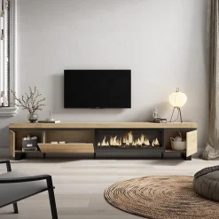 Meuble TV 288x35x57cm feu led sans chaleur XXL couleur chêne