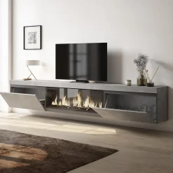 Meuble TV 267x35x45cm feu led sans chaleur XXL suspendu gris ciment