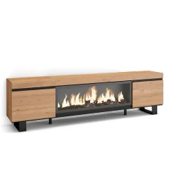 Meuble TV 210x35x57cm feu led sans chaleur XXL couleur chêne