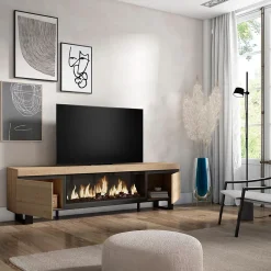 Meuble TV 210x35x57cm feu led sans chaleur XXL couleur chêne