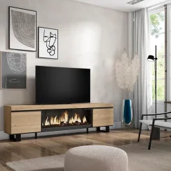 Meuble TV 210x35x57cm feu led sans chaleur XXL couleur chêne