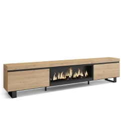 Meuble TV 267x35x57cm feu led sans chaleur XXL couleur chêne
