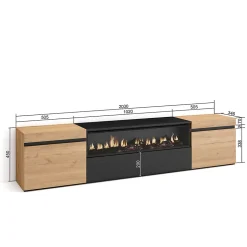 Meuble TV 200x35x45cm feu led sans chaleur couleur chêne et noir