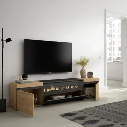 Meuble TV 200x35x45cm feu led sans chaleur couleur chêne et noir