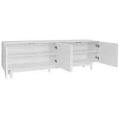 Meuble TV 175x38x56cm, léger de style luxe, avec 4 portes texturées, séparateurs réglables, blanc
