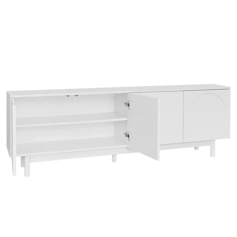 Meuble TV 175x38x56cm, léger de style luxe, avec 4 portes texturées, séparateurs réglables, blanc