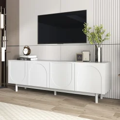 Meuble TV 175x38x56cm, léger de style luxe, avec 4 portes texturées, séparateurs réglables, blanc