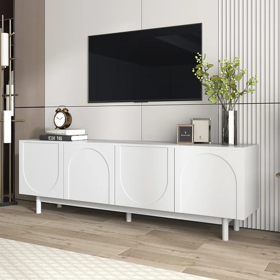 Meuble TV 175x38x56cm, léger de style luxe, avec 4 portes texturées, séparateurs réglables, blanc
