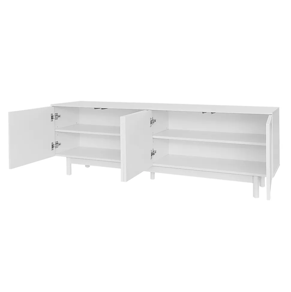 Meuble TV 175x38x56cm, léger de style luxe, avec 4 portes texturées, séparateurs réglables, blanc