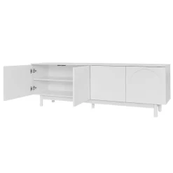 Meuble TV 175x38x56cm, léger de style luxe, avec 4 portes texturées, séparateurs réglables, blanc