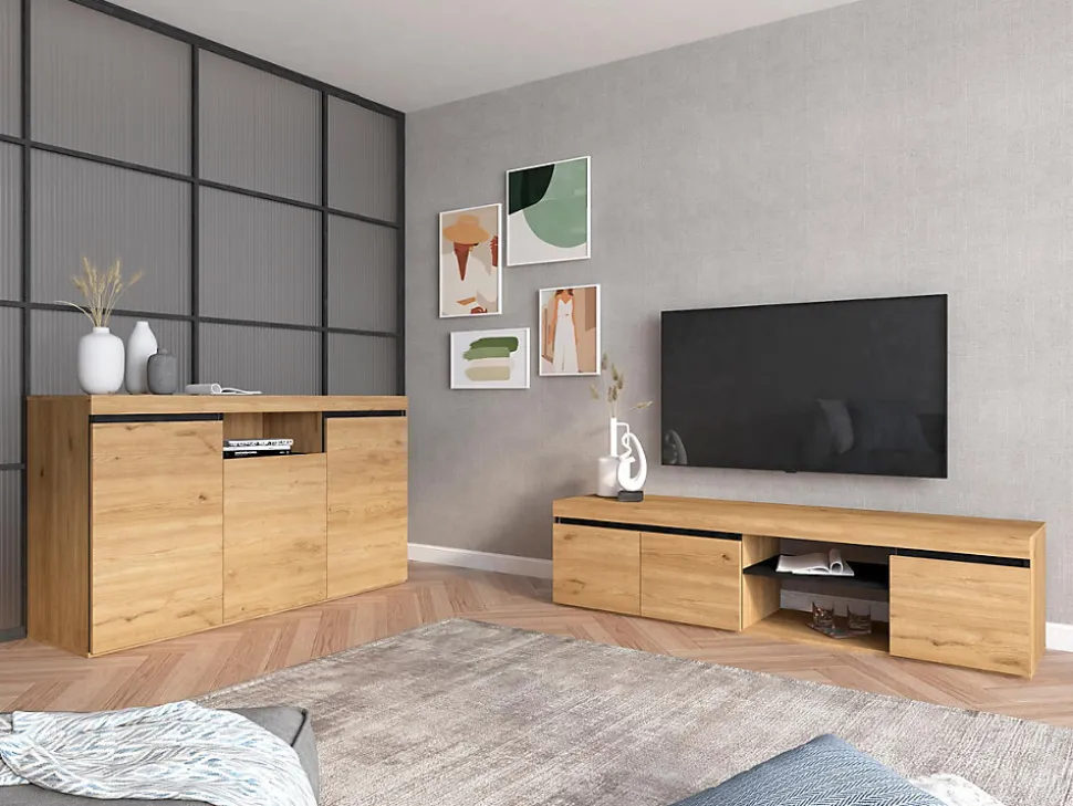 Meuble TV 160x40x41cm modèle Naturale couleur chêne et noir