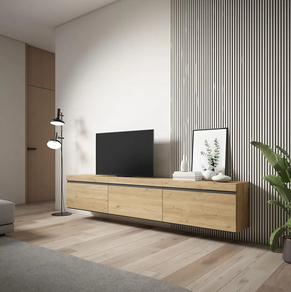 Meuble TV 240x35x45cm suspendu couleur chêne