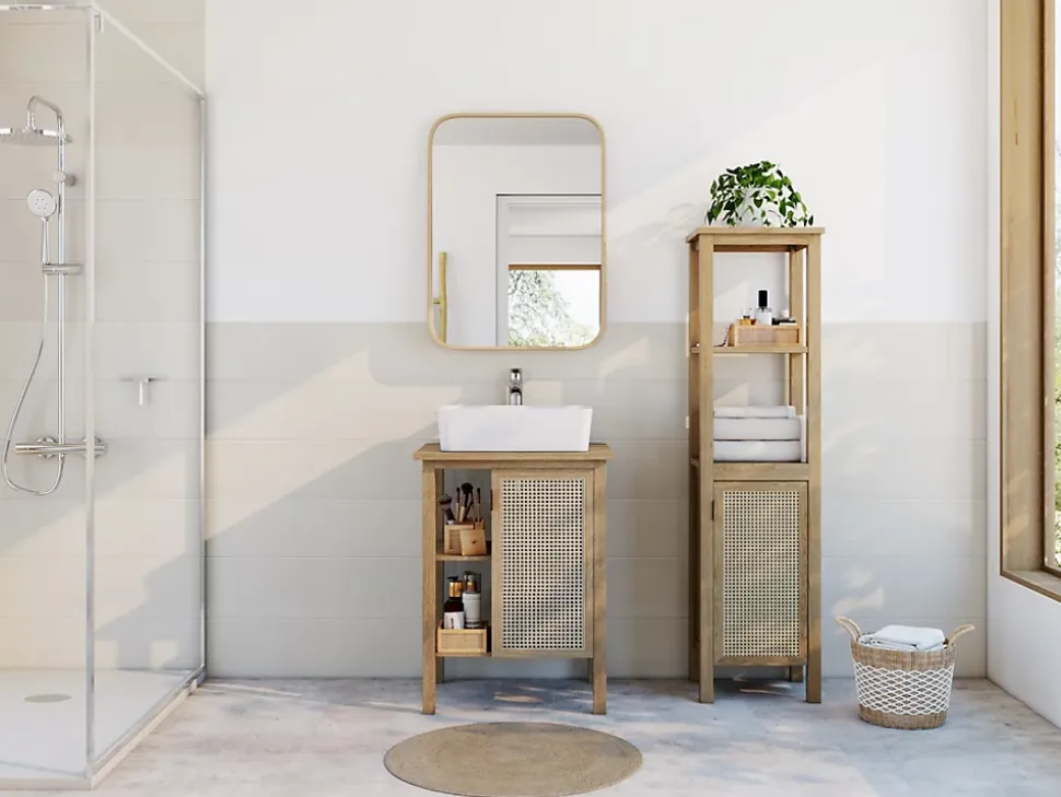 Meuble vasque à poser 1 porte avec plan de toilette l.61 x H.80 x P.50 cm, placage chêne et cannage, Thiam