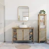 Meuble vasque à poser 2 portes avec plan de toilette l.114 x H.80 x P.50 cm, placage chêne et cannage, Thiam