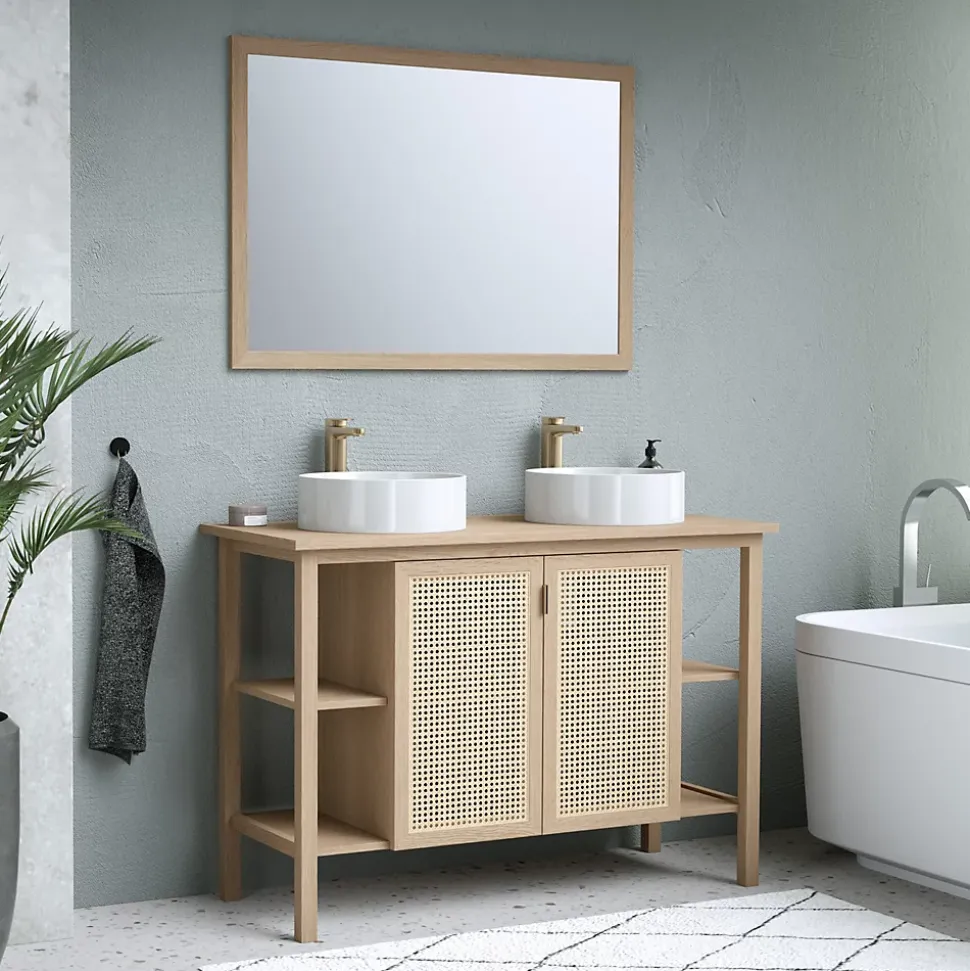 Meuble vasque à poser 2 portes avec plan de toilette l.114 x H.80 x P.50 cm, placage chêne et cannage, Thiam