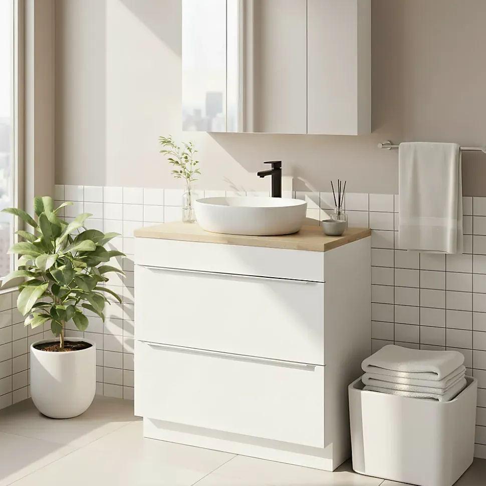 Meuble vasque à poser blanc brillant l.80 cm Imandra + plan de toilette chêne massif Hartland, GoodHome