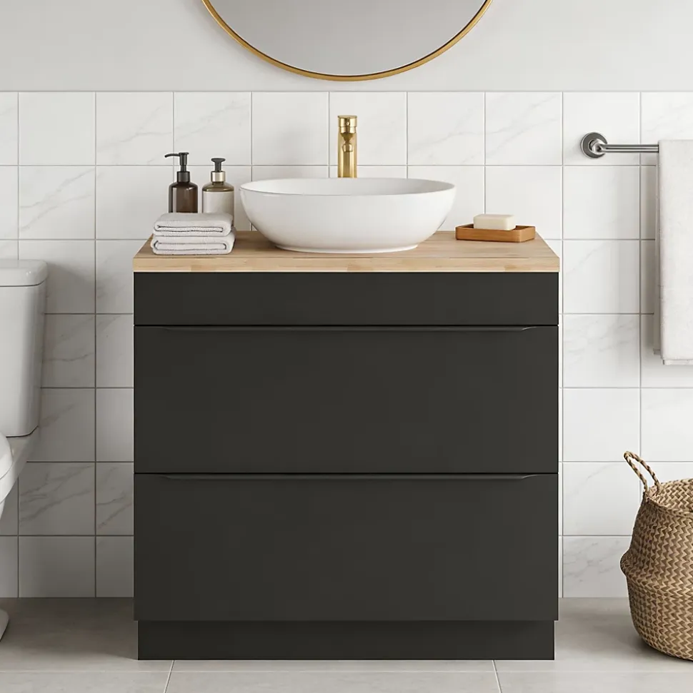 Meuble vasque à poser noir mat l.80 cm Imandra + plan de toilette chêne massif Hartland, GoodHome
