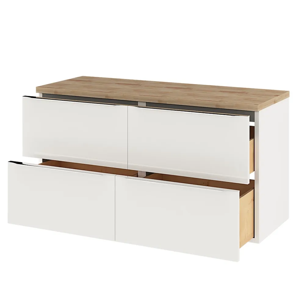 Meuble vasque suspendu blanc brillant l.120 cm Imandra + plan de toilette chêne massif Hartland, GoodHome