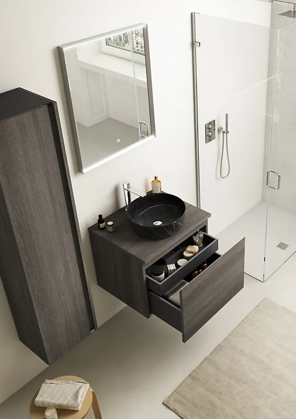 Meuble vasque suspendu effet chêne Metz l.60 cm + plan de toilette effet chêne Metz, Pura+