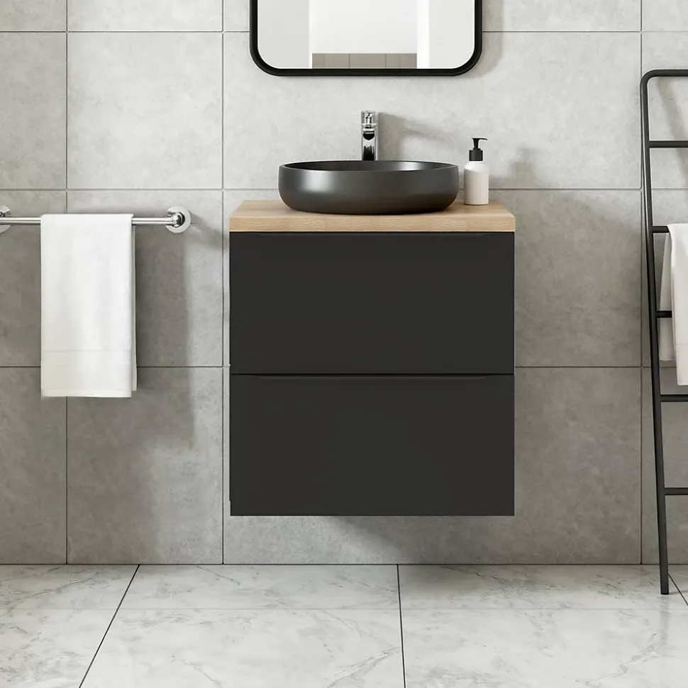 Meuble vasque suspendu noir mat l.60 cm Imandra + plan de toilette effet chêne, GoodHome