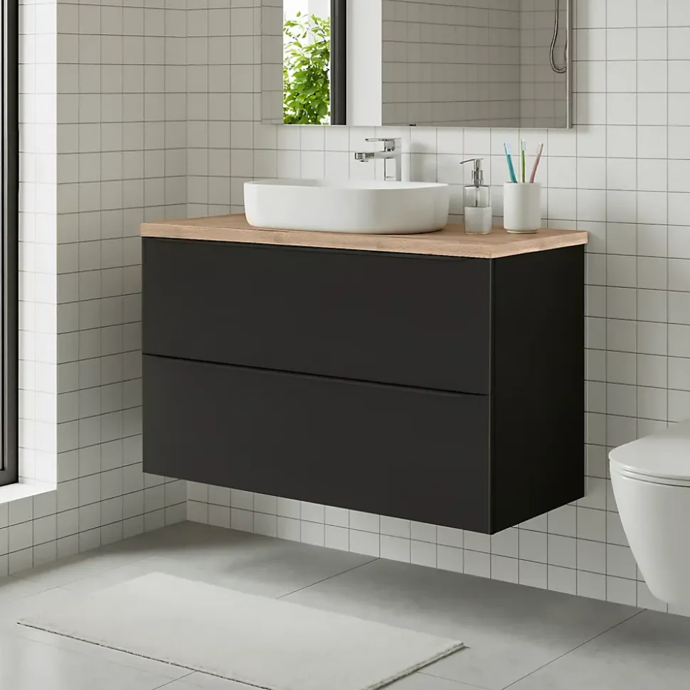Meuble vasque suspendu noir mat l.100 cm Imandra + plan de toilette effet chêne, GoodHome