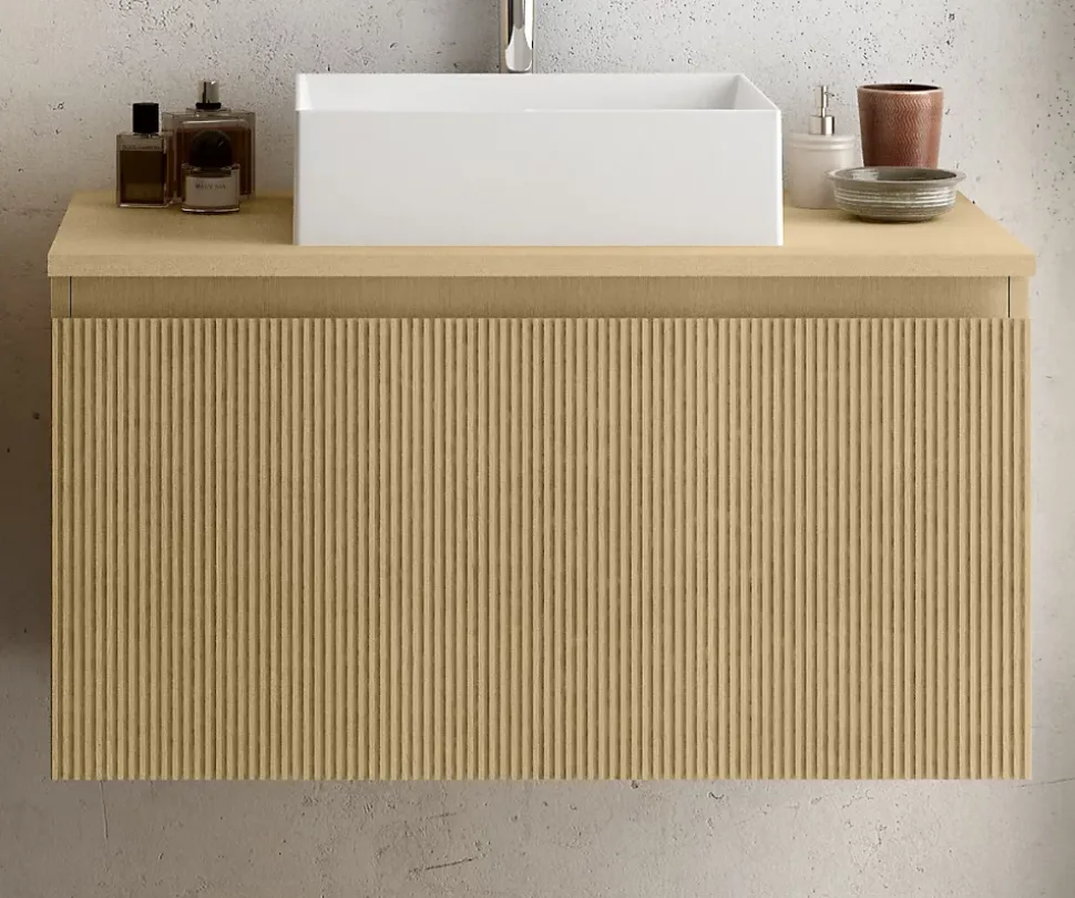 Meuble vasque suspendu plaqué chêne miel strié l.90 cm + plan de toilette plaqué chêne miel, Pura+