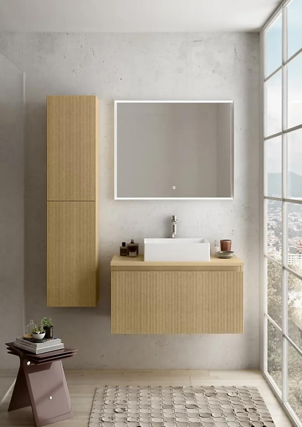 Meuble vasque suspendu plaqué chêne miel strié l.90 cm + plan de toilette plaqué chêne miel, Pura+