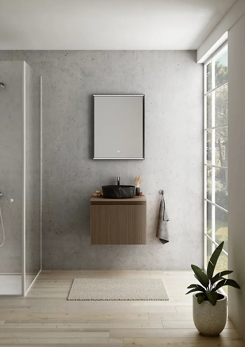 Meuble vasque suspendu plaqué noyer strié l.60 cm + plan de toilette plaqué noyer, Pura+