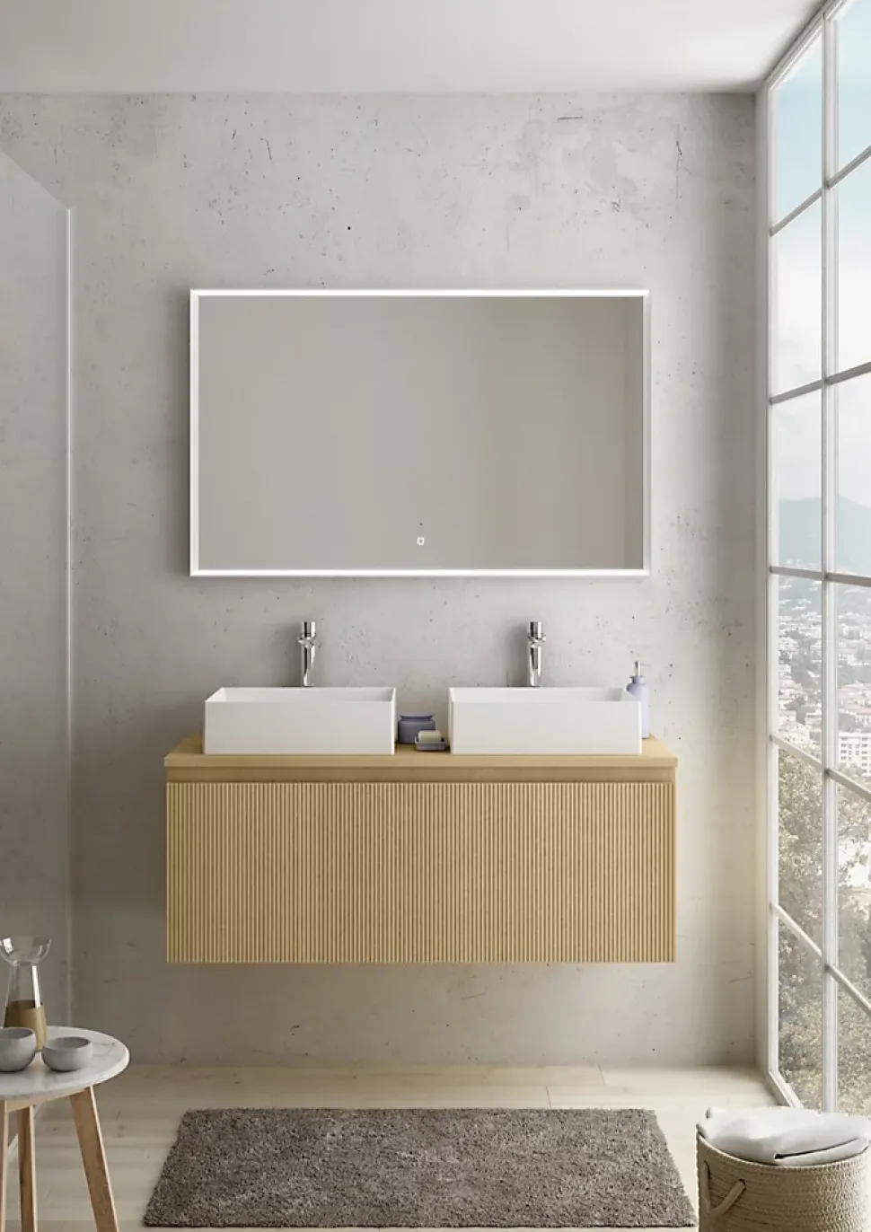 Meuble vasque suspendu plaqué chêne miel strié l.120 cm + plan de toilette plaqué chêne miel pour 2 vasques, Pura+