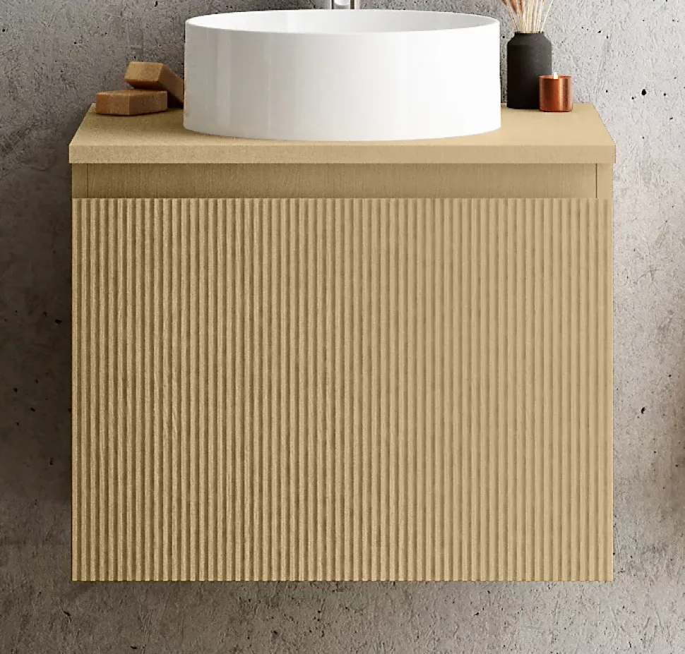 Meuble vasque suspendu plaqué chêne miel strié l.60 cm + plan de toilette plaqué chêne miel, Pura+