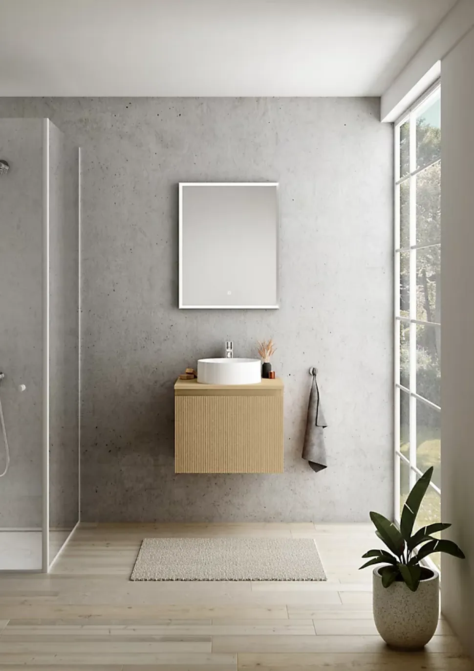 Meuble vasque suspendu plaqué chêne miel strié l.60 cm + plan de toilette plaqué chêne miel, Pura+