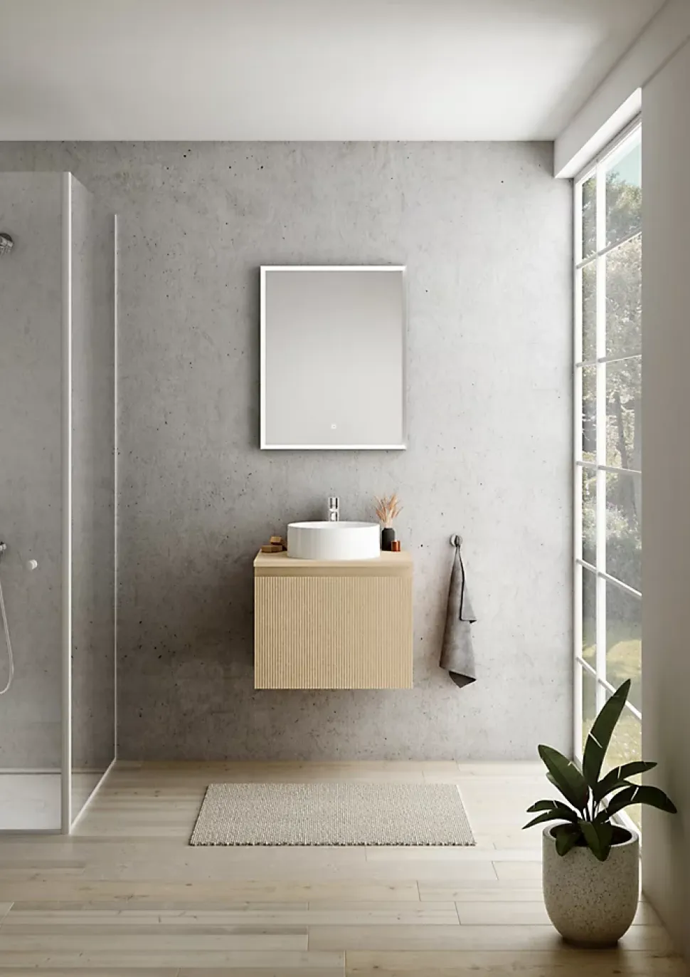 Meuble vasque suspendu plaqué chêne clair strié l.60 cm + plan de toilette plaqué chêne clair, Pura+