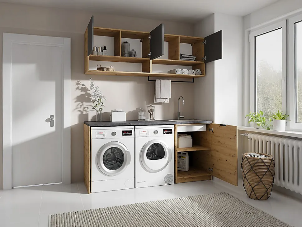Meubles de buanderie pour machine à laver avec plan de travail - L182 cm - Anthracite et naturel clair - NATAJI