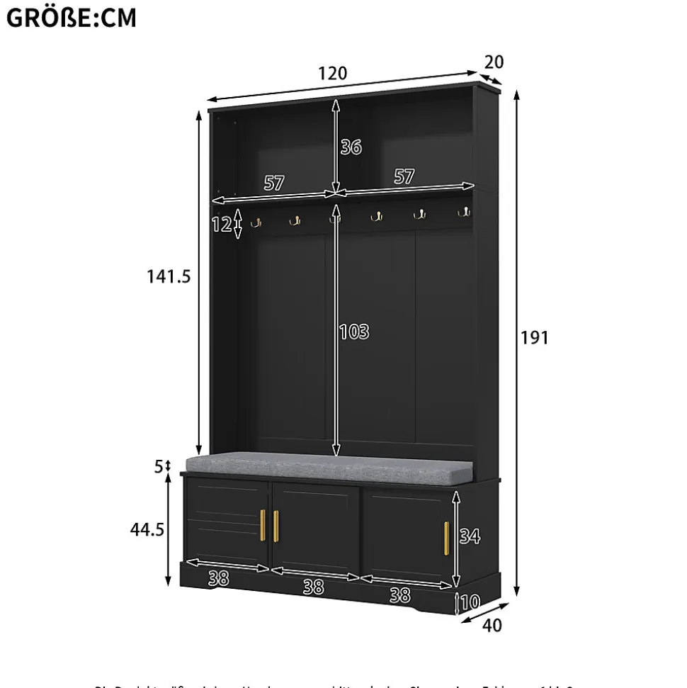 Meubles d'entrée - Porte-Manteaux avec Banc de Rangement, 6 Crochets, Étagères, Meuble Vestiaire Polyvalent - 120x40x191 cm - Noir