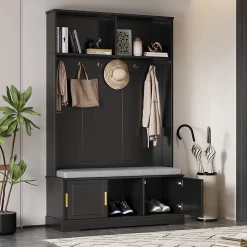 Meubles d'entrée - Porte-Manteaux avec Banc de Rangement, 6 Crochets, Étagères, Meuble Vestiaire Polyvalent - 120x40x191 cm - Noir