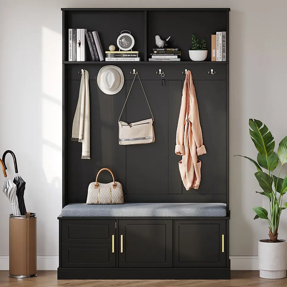 Meubles d'entrée - Porte-Manteaux avec Banc de Rangement, 6 Crochets, Étagères, Meuble Vestiaire Polyvalent - 120x40x191 cm - Noir